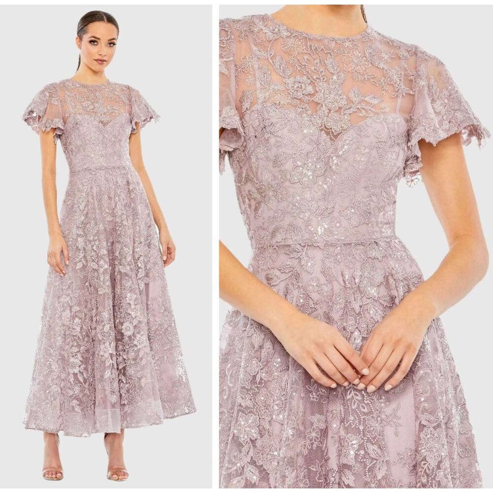Mac Duggal 50665 Purple Size 16 Embroidered High Neck Cap Sleeve A Line DressNWT